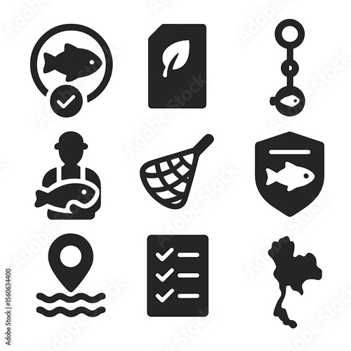 Sustainable Fishing Icons. Solid, Filled icon set of sustainable roe sourcing: certified fish icon, eco label, traceability chain,