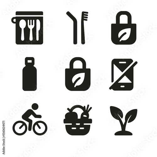 Sustainable Lifestyle Icons. Solid, filled icon set of sustainable lifestyle tools: zero-waste kit, reusable straw, eco toothbrush