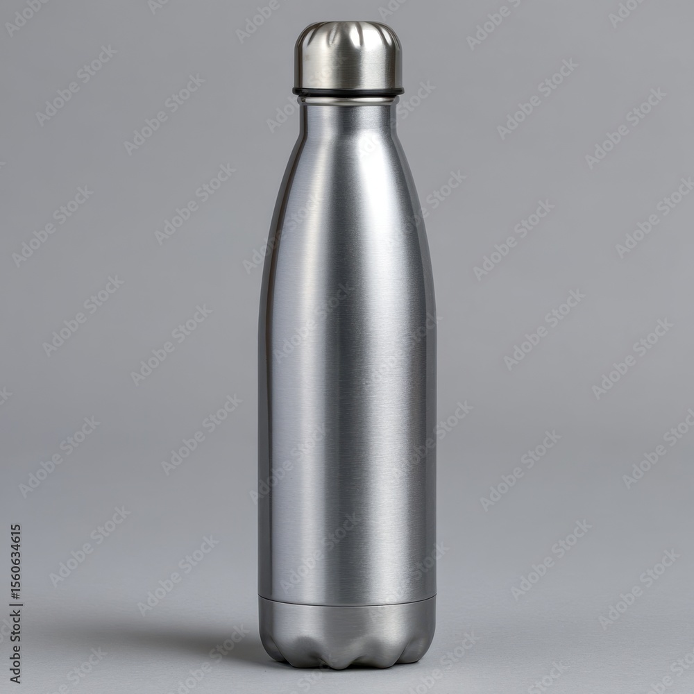 Shiny metal water bottle with silver cap isolated on white background Shiny metal water bottle with silver cap isolated on white background