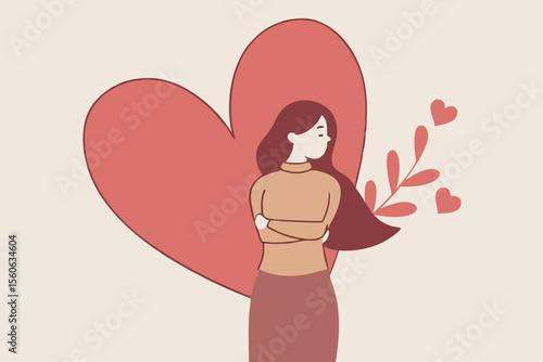 Self care is take care of yourself and wellbeing, enjoy exercise, sleep and hobbies, help you stay healthy, balance life, and better cope with stress and anxiety, happy woman hug herself with hearts.