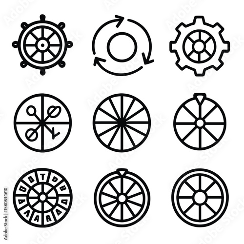 Symbolic Wheels Icons. Solid, filled icon set of symbolic wheels: Dharma wheel, wheel of life, wheel of karma, wheel of progress,