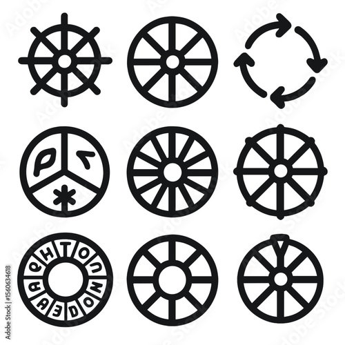 Symbolic Wheels Icons. Solid, filled icon set of symbolic wheels: Dharma wheel, wheel of life, wheel of karma, wheel of progress,