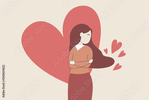 Self care is take care of yourself and wellbeing, enjoy exercise, sleep and hobbies, help you stay healthy, balance life, and better cope with stress and anxiety, happy woman hug herself with hearts.