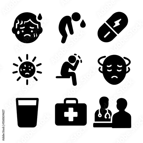 Sweat Health Icons. Solid, filled icon set of sweat-related health signs: flushed face, dehydration icon, electrolyte pill,