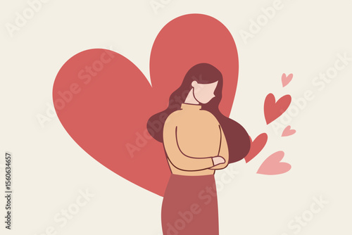 Self care is take care of yourself and wellbeing, enjoy exercise, sleep and hobbies, help you stay healthy, balance life, and better cope with stress and anxiety, happy woman hug herself with hearts.
