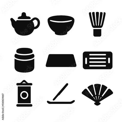 Tea Ceremony Icons. Solid, filled icon set of traditional tea ceremony: teapot with lid, matcha bowl, bamboo whisk, tea caddy,
