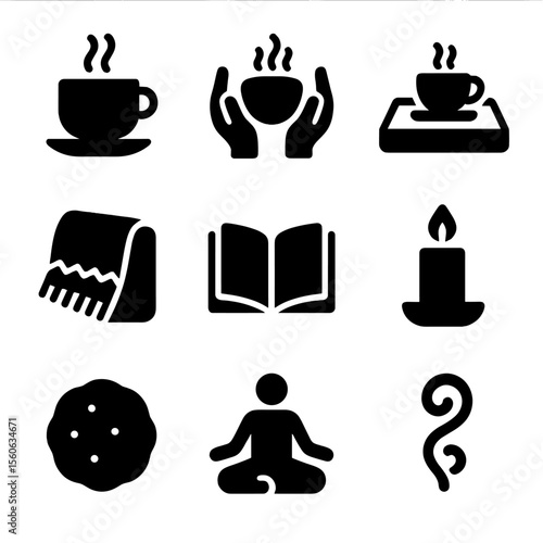 Tea Ritual Icons. Solid, filled icon set of tea drinking rituals: steaming cup, hands holding tea, tea tray, cozy blanket, open