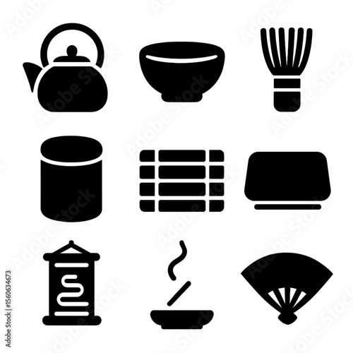 Tea Ceremony Icons. Solid, filled icon set of traditional tea ceremony: teapot with lid, matcha bowl, bamboo whisk, tea caddy,