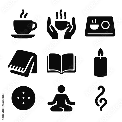 Tea Ritual Icons. Solid, filled icon set of tea drinking rituals: steaming cup, hands holding tea, tea tray, cozy blanket, open