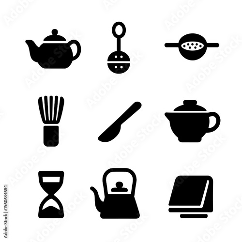 Tea Tools Icon Set. Solid, filled icon set of tea preparation tools: teapot, tea infuser, tea strainer, bamboo whisk, tea scoop,