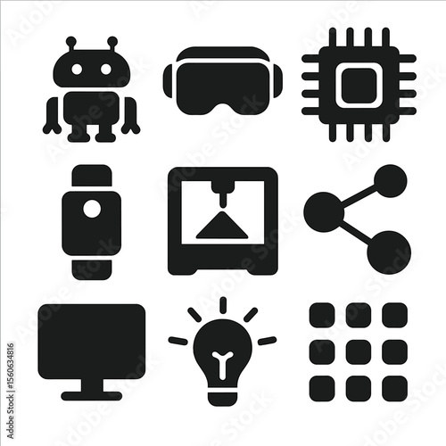 Tech Icons Grid. Solid, filled icon set of technology expo visuals: robot, VR headset, computer chip, smart device, 3D printer,