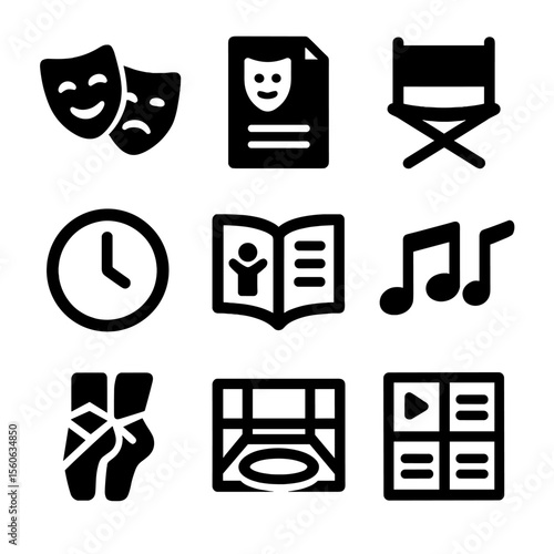 Theater Education Icons. Solid, filled icon set of theater education tools: acting mask, play script, director’s chair, rehearsal