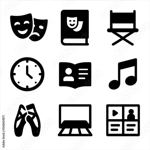 Theater Education Icons. Solid, filled icon set of theater education tools: acting mask, play script, director’s chair, rehearsal