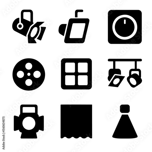 Theater Lighting Icons. Solid, filled icon set of theater lighting: spotlight, floodlight, dimmer switch, gobos, color gel,