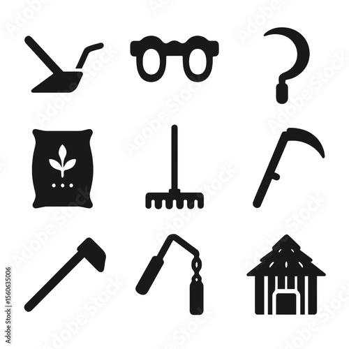 Traditional Farming Tools. Solid, Filled icon set of traditional farming tools: wooden plow, ox yoke, sickle, seed bag, straw rake
