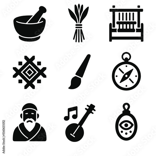 Traditional Knowledge Icons. Solid, filled icon set of traditional knowledge: mortar and pestle, herb bundle, loom, ancestral