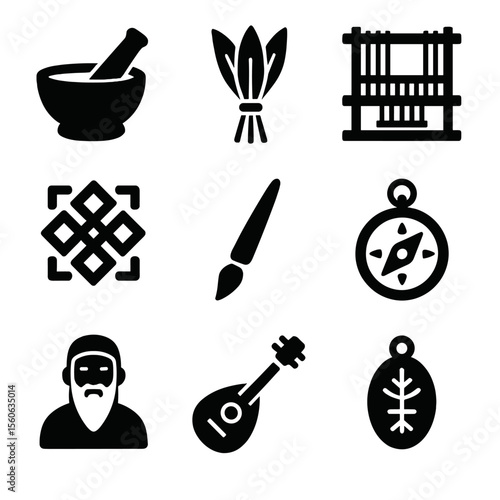 Traditional Knowledge Icons. Solid, filled icon set of traditional knowledge: mortar and pestle, herb bundle, loom, ancestral