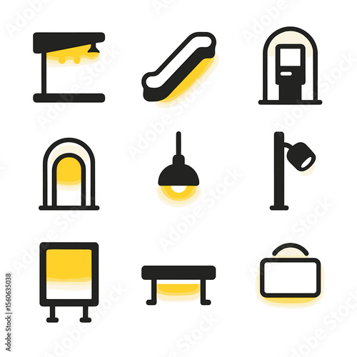 Transport Station Light Icons. Flat icon set of public transport station lights: platform canopy luminaire, escalator side light,