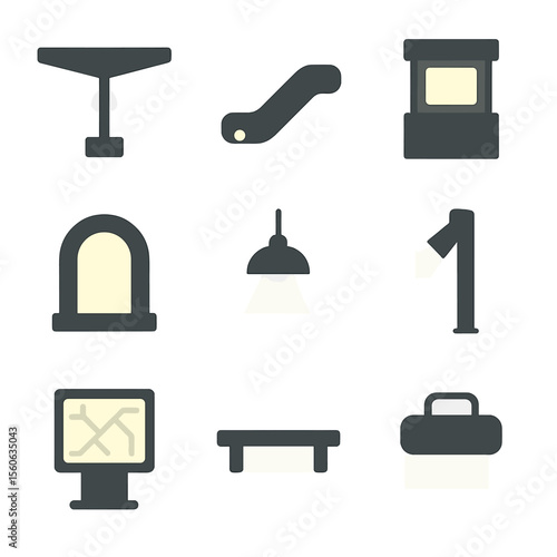 Transport Station Light Icons. Flat icon set of public transport station lights: platform canopy luminaire, escalator side light,