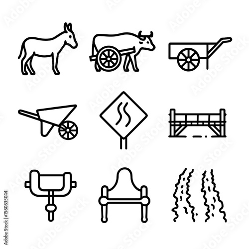 Simple Transport Icons. Outline icon set of simple transport modes: donkey, ox cart, handcart, wheelbarrow, pack saddle, dirt road