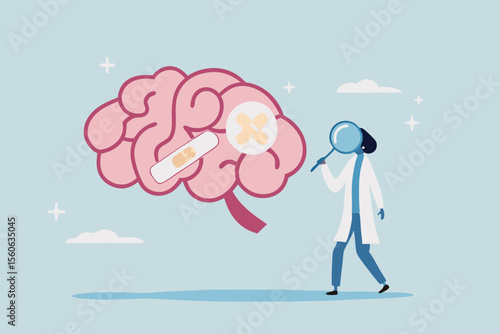 Brain rot mental health, depression or anxiety heal or recovery, psychotherapy, emotional intelligence, heal stress, mental wellbeing concept, doctor analyze cured mental illness brain with bandage.