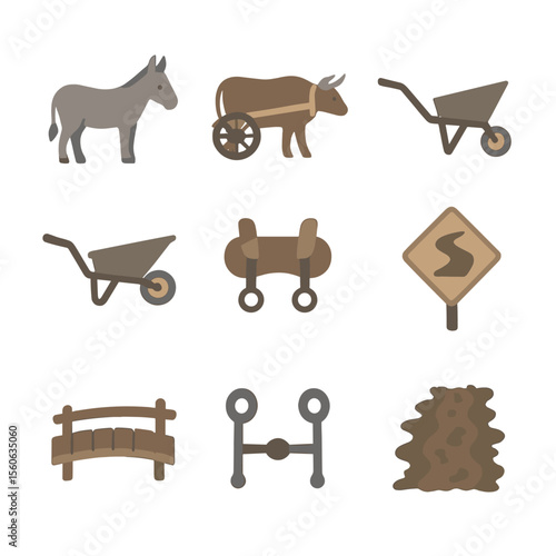 Simple Transport Icons. Flat icon set of simple transport modes: donkey, ox cart, handcart, wheelbarrow, pack saddle, dirt road
