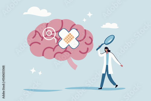 Brain rot mental health, depression or anxiety heal or recovery, psychotherapy, emotional intelligence, heal stress, mental wellbeing concept, doctor analyze cured mental illness brain with bandage.
