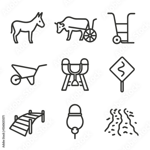 Simple Transport Icons. Outline icon set of simple transport modes: donkey, ox cart, handcart, wheelbarrow, pack saddle, dirt road
