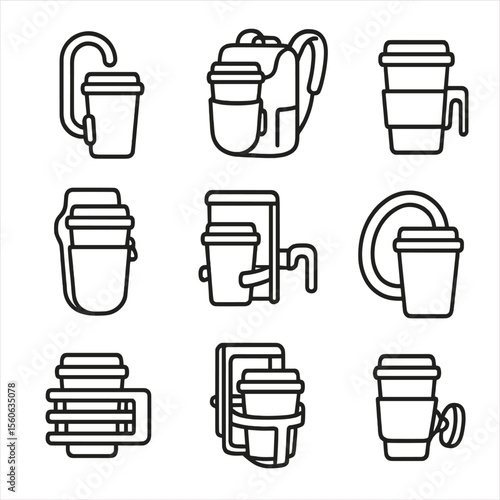 Travel Cup Holder Icons. Outline icon set of portable travel cup holders: carabiner cup hook, backpack holster, belt clip holder,