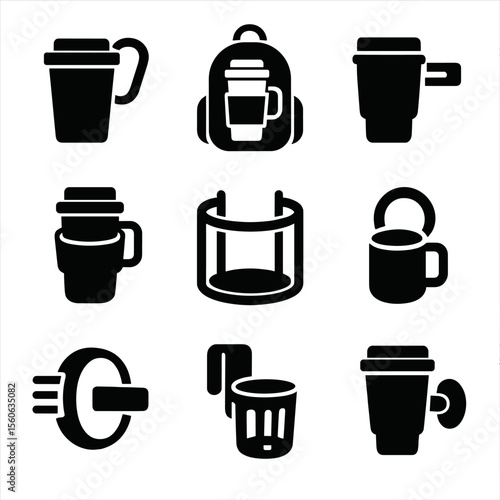 Travel Cup Holder Icons. Solid, Filled icon set of portable travel cup holders: carabiner cup hook, backpack holster, belt clip