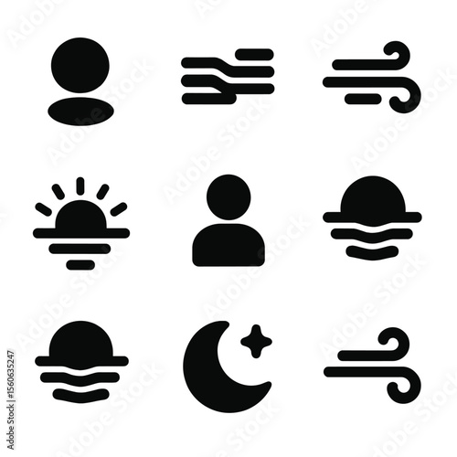 Twilight Symbols Icons. Solid, filled icon set of twilight atmospheric symbols: shadow, mist, wind, twilight glow, silhouette,