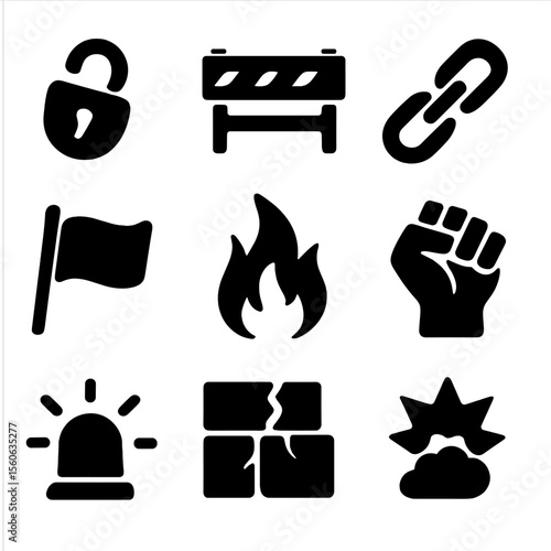 Uprising Icon Set. Solid, filled icon set of uprising elements: broken lock, barricade, chain, flag, fire, fist, siren, broken