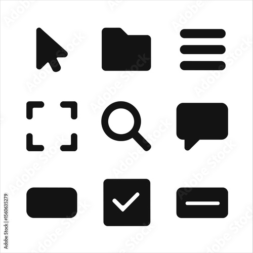 UI Icon Grid. Solid, filled icon set of user interface highlights: hover cursor, active tab, menu highlight, selection box, zoom