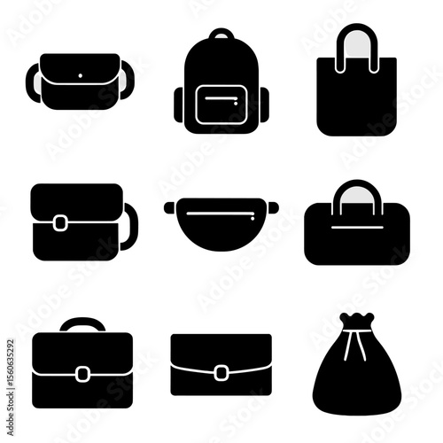 Urban Bags Icon Set. Solid, filled icon set of urban fashion bags and backpacks: crossbody bag, backpack, tote bag, messenger bag,