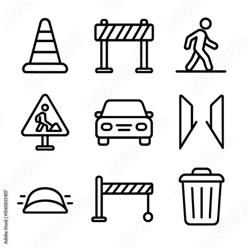 Urban Obstacle Icons. Outline icon set of urban pursuit obstacles: traffic cone, barricade, pedestrian crossing, construction zone