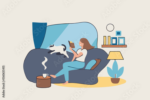 Relaxation lifestyle, comfortable at home or calm, cosy wellbeing or enjoy reading books, positive emotion, chill or reduce anxiety concept, young woman relax reading book while playing with pet.