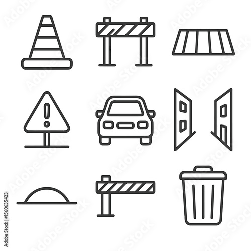 Urban Obstacle Icons. Outline icon set of urban pursuit obstacles: traffic cone, barricade, pedestrian crossing, construction zone