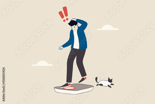 Obesity, overweight or unhealthy lifestyle cause gaining weight, belly disease, diabetes or nutrition problem concept, fatty man weighing on weight scale.