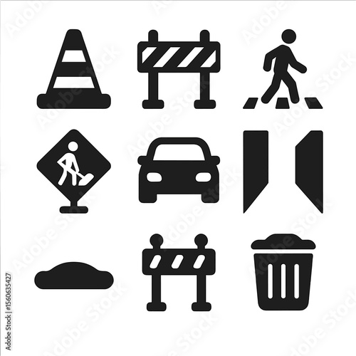 Urban Obstacle Icons. Solid, Filled icon set of urban pursuit obstacles: traffic cone, barricade, pedestrian crossing,