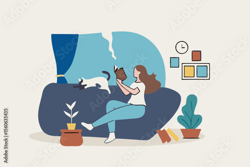 Relaxation lifestyle, comfortable at home or calm, cosy wellbeing or enjoy reading books, positive emotion, chill or reduce anxiety concept, young woman relax reading book while playing with pet.