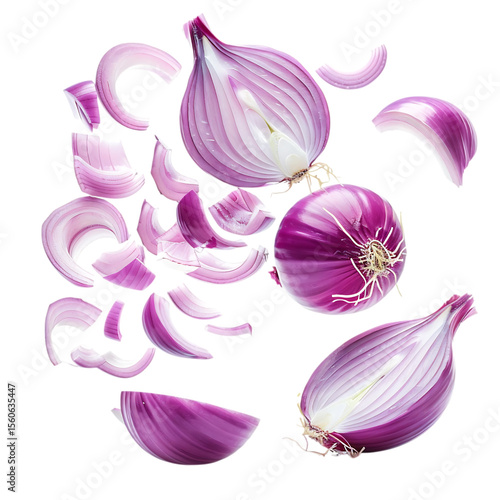 Fresh red onion slices and halves flying isolated on transparent background