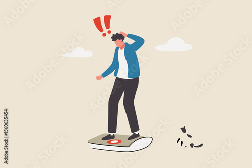 Obesity, overweight or unhealthy lifestyle cause gaining weight, belly disease, diabetes or nutrition problem concept, fatty man weighing on weight scale.