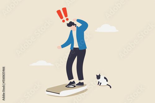 Obesity, overweight or unhealthy lifestyle cause gaining weight, belly disease, diabetes or nutrition problem concept, fatty man weighing on weight scale.