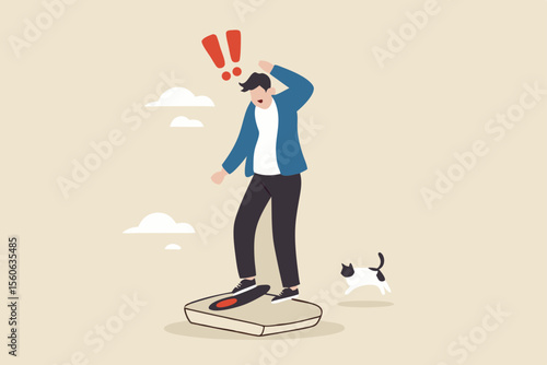 Obesity, overweight or unhealthy lifestyle cause gaining weight, belly disease, diabetes or nutrition problem concept, fatty man weighing on weight scale.