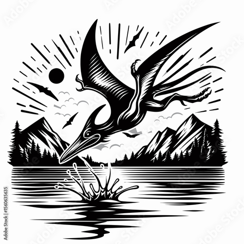 Pteranodon Diving into a Lake for Prey