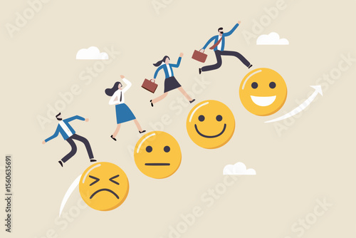 Employee happiness, wellbeing or positive attitude, emotional intelligence to improve success, joyful work or optimistic concept, business people jump from anxiety to delight smiling face emoticon.