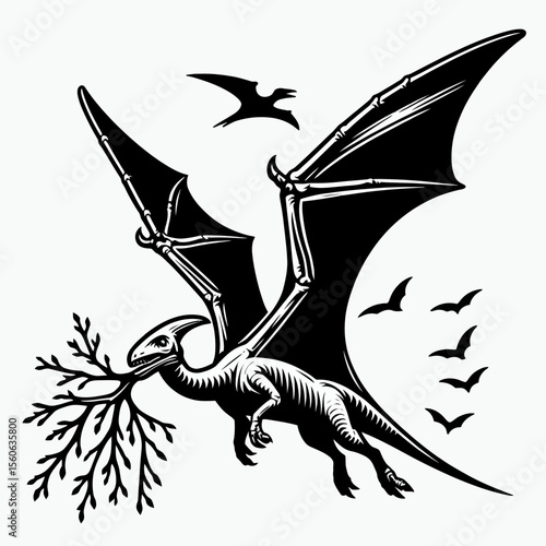 Pterodactyl Carrying a Branch Through the Prehistoric Sky
