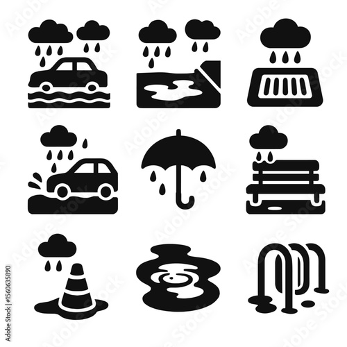 Urban Rain Icons. Solid, Filled icon set of urban rain impact: waterlogged street, sidewalk puddle, storm drain, parked car splash