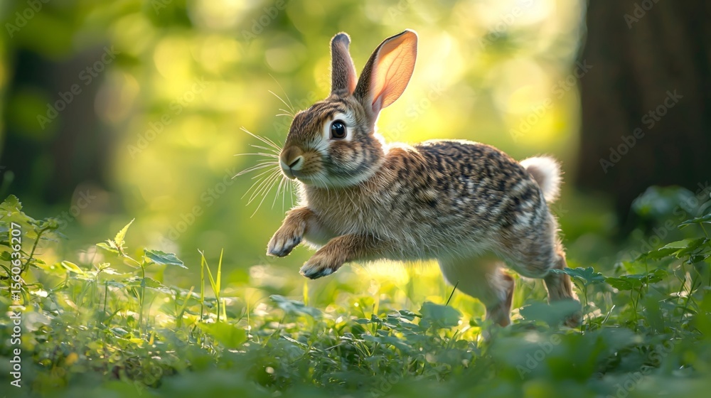 Fototapeta premium A nimble rabbit leaps through the woods, with soft sunlight casting dappled shadows through the leaves