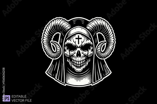 Nun tattoo dark art scary creepy illustration engraving style tattoo vector black and white background templates